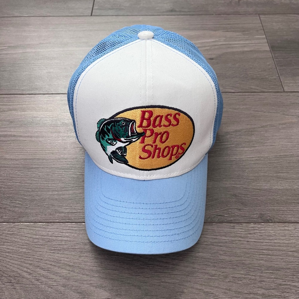 Bass Pro Shops Mesh Trucker Hat Light Blue White Snapback Fishing Cap Logo